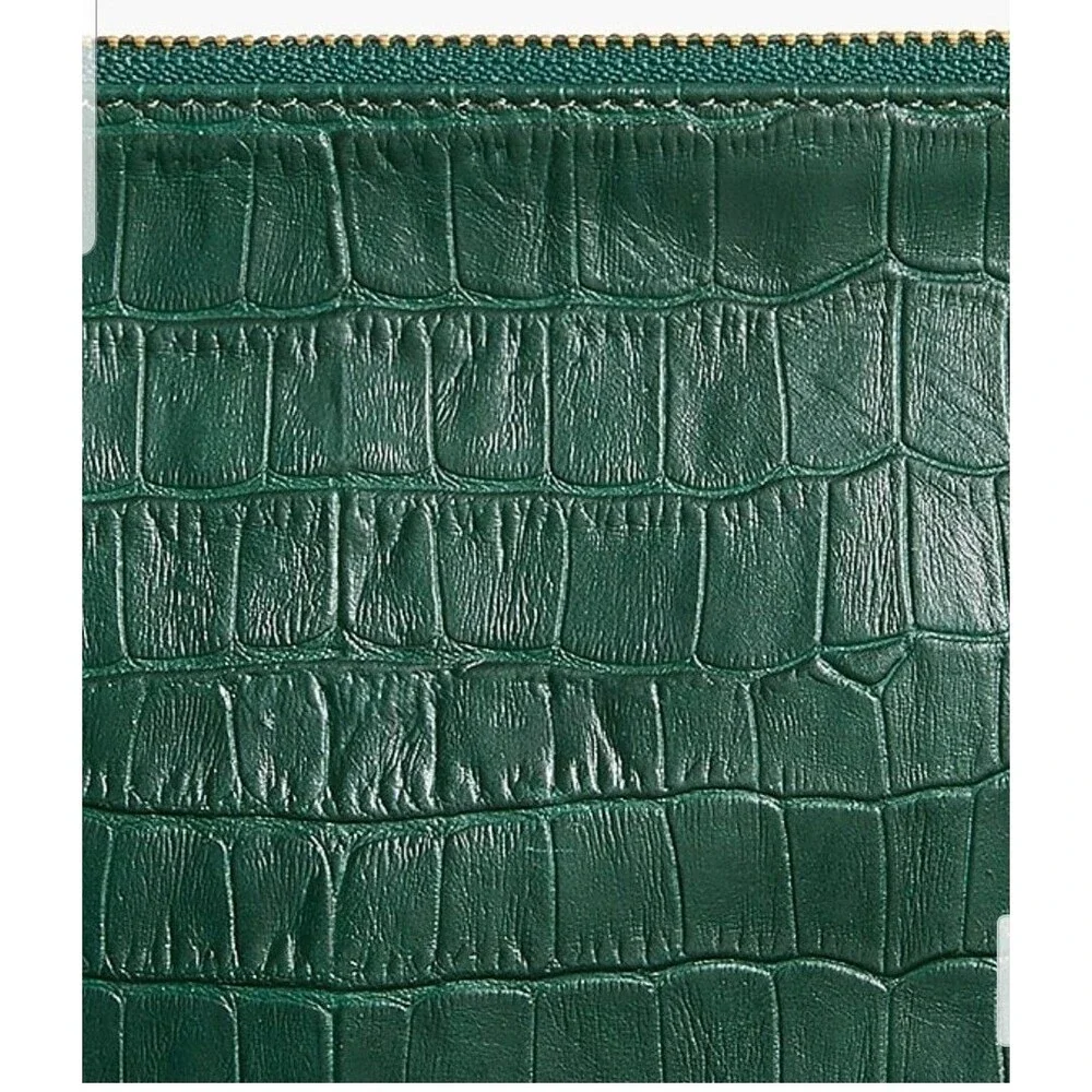 J. Crew Crocodile Embossed Leather Wristlet Clutch Green NWT